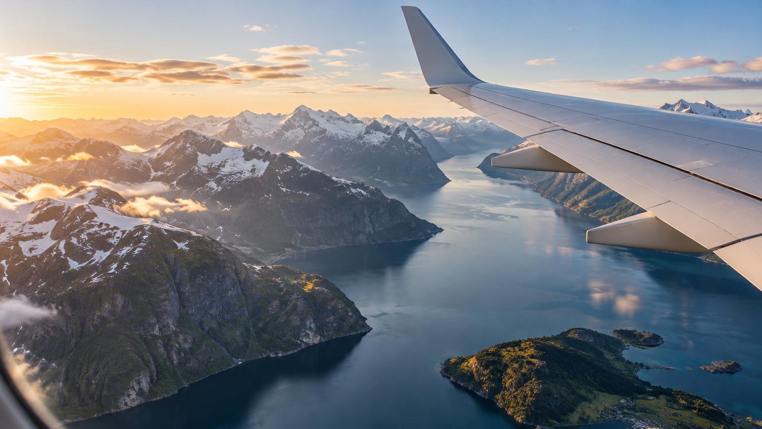 View from an airplane window over Norwegian fjords and snow-capped mountains